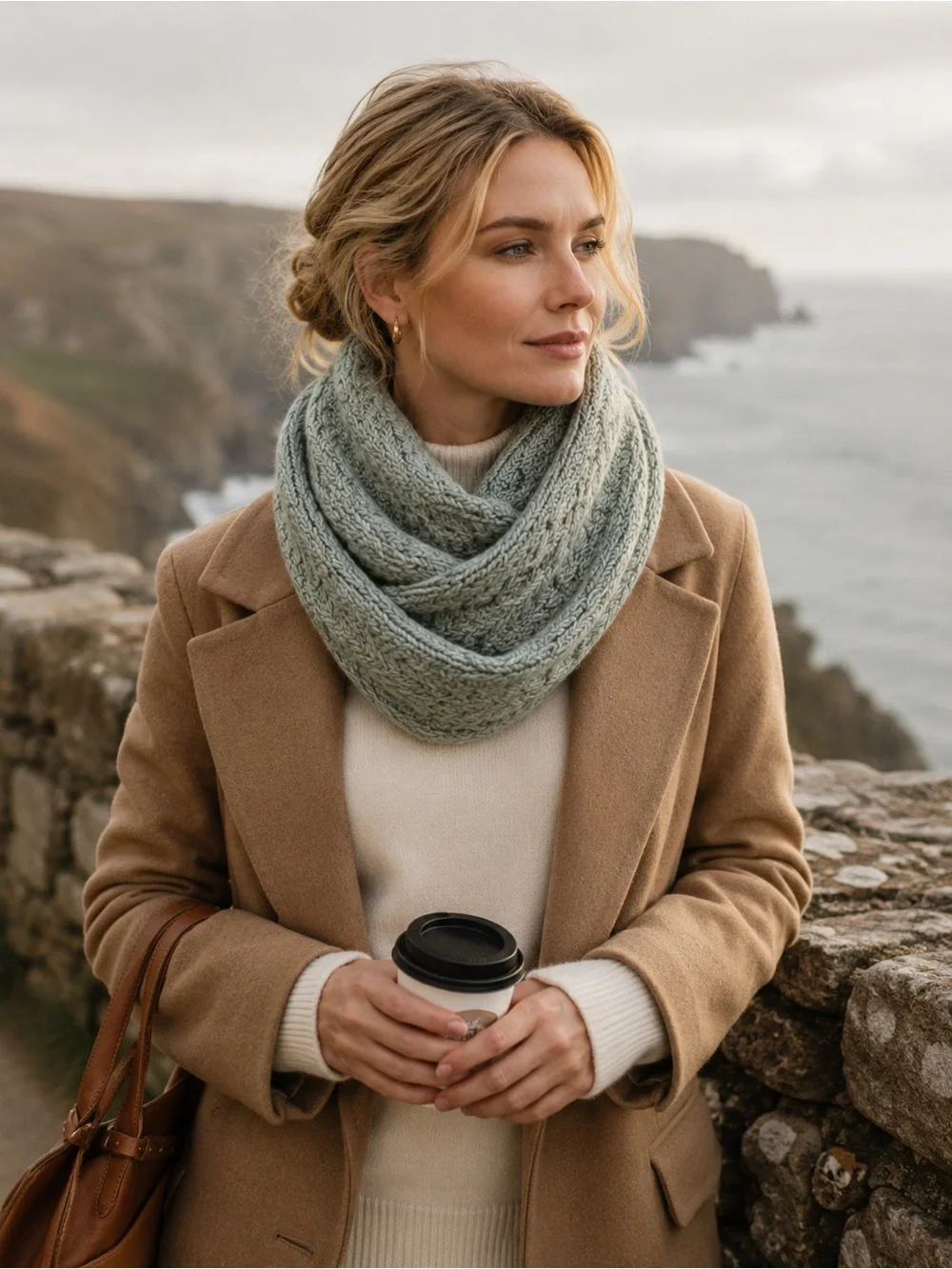 Aran Woollen Mills Merino Wool Infinity Scarf Sea Glass Green Cable Knit Snood